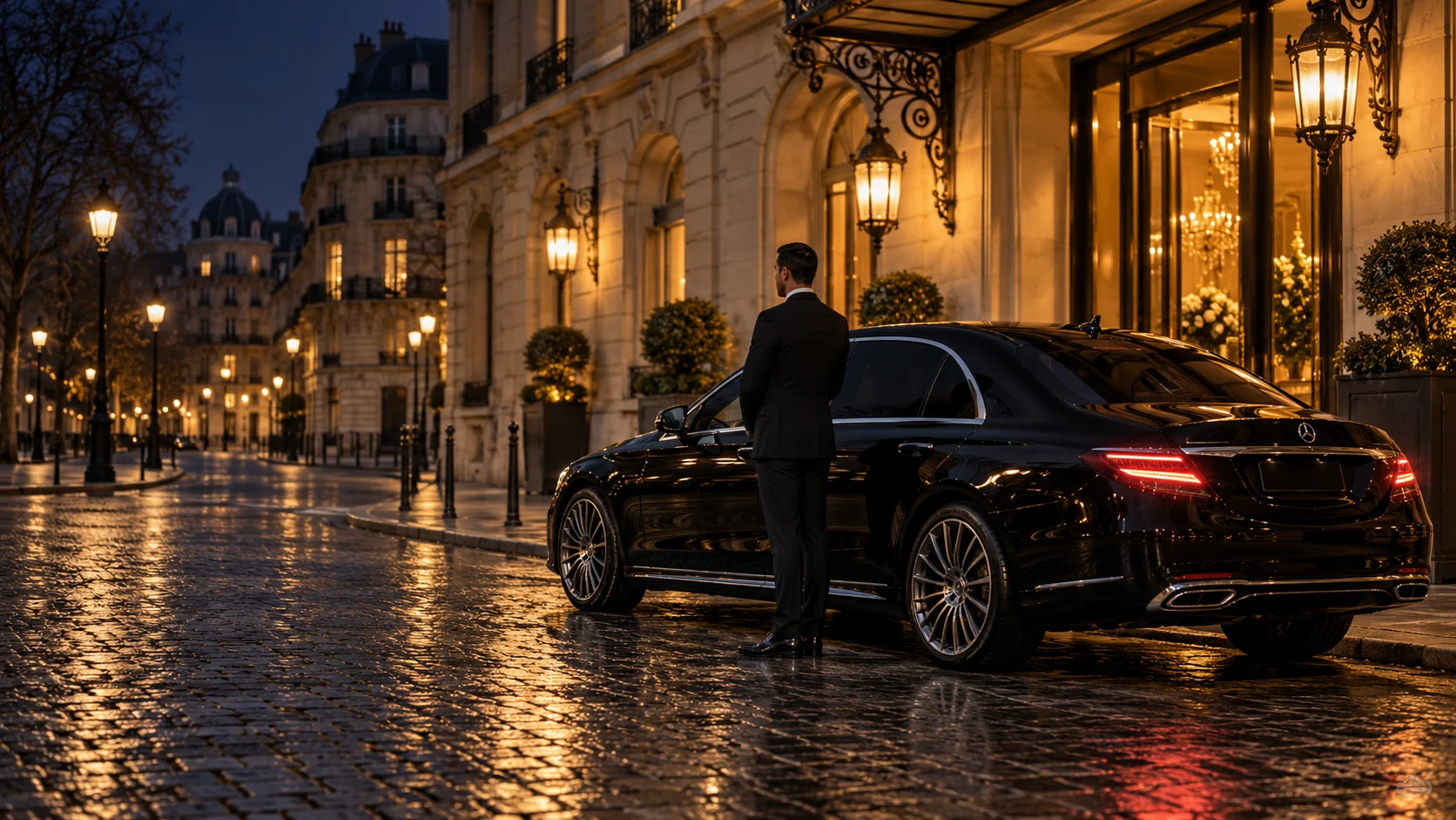 Illustrative scene of a chauffeur waiting beside a black Mercedes-Benz S-Class outside a Paris hotel at night