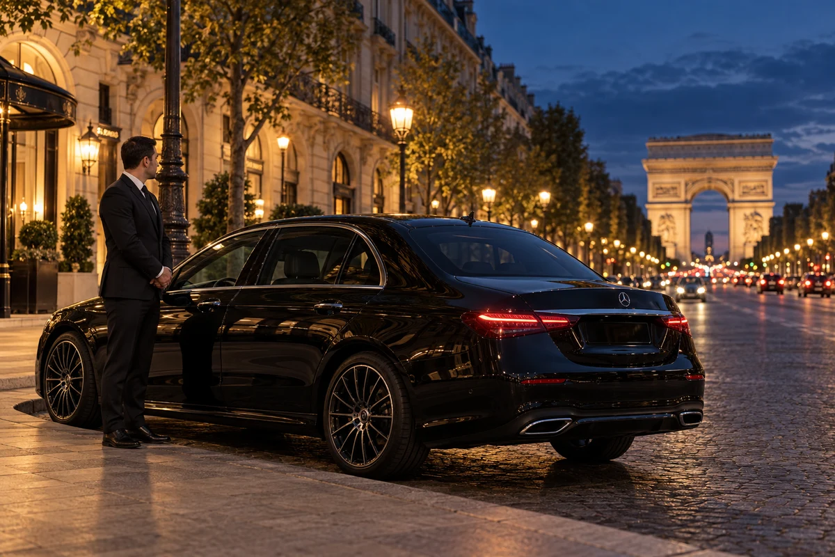 Illustrative scene of a chauffeur waiting beside a black Mercedes-Benz E-Class on a Paris avenue at dusk