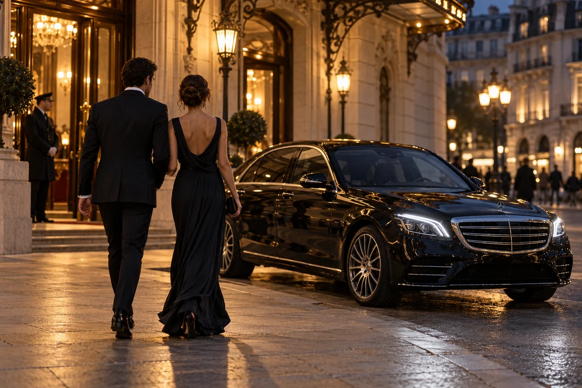 Illustrative scene of a couple approaching a black Mercedes-Benz S-Class for an evening in Paris